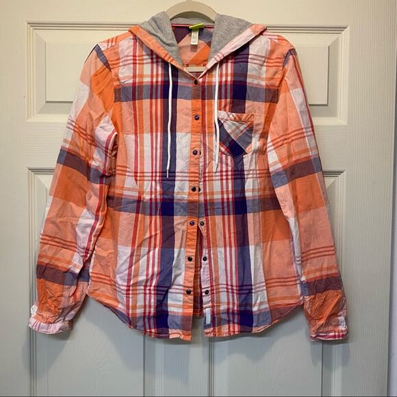 Adidas Neo Label Orange Plaid Pearl Snap Button Down Shirt Hooded Drawstring Lrg - Picture 4 of 6